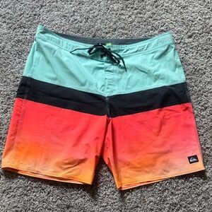Quiksilver Men's Gradient Swim Shorts - Teal, Black, Red/Orange - Size 40